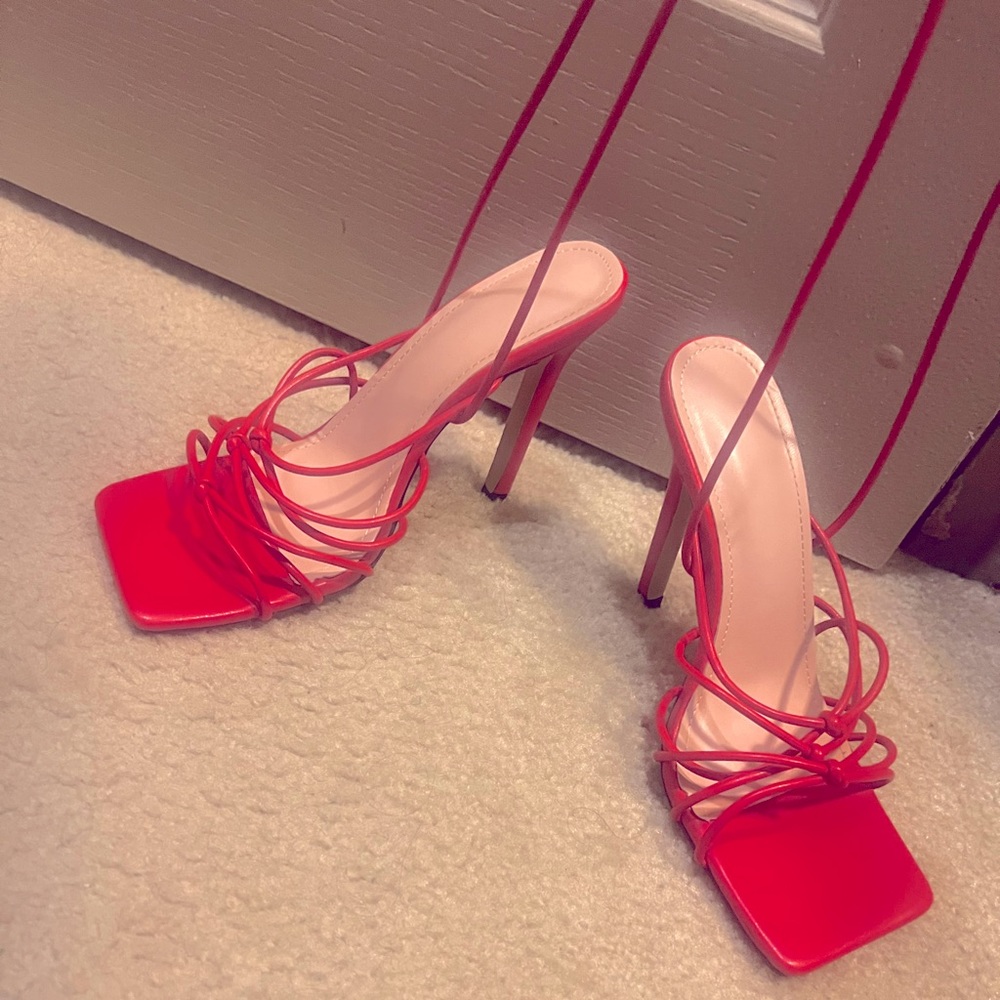 Red pleather strappy Womens heels size 38